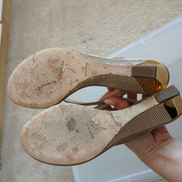 Rene Caovilla Gold Wedge Rhinestone Thong Sandals 37 - Picture 7 of 8